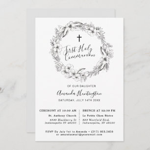 Einzigartige graue florale Erstkommune Einladung