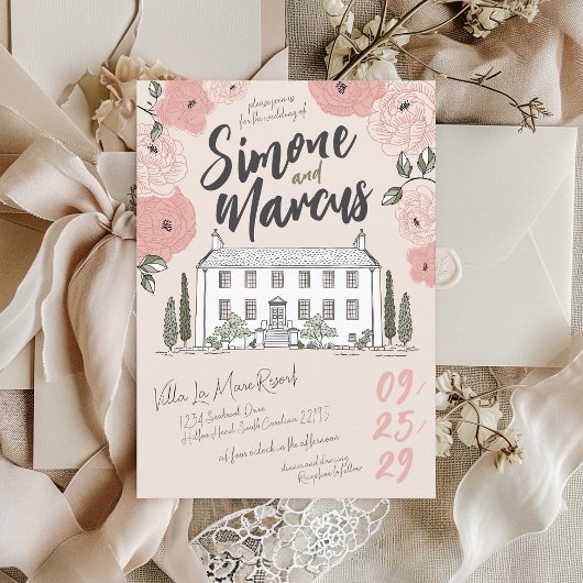 Einzigartige handgezeichnete Villa Pink Grüne Blum Einladung
