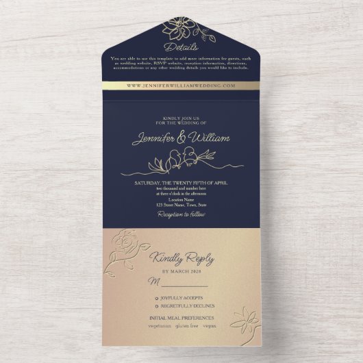 Einzigartige Hochzeit der Rose Gold und Navy All In One Einladung (Innen Boden)