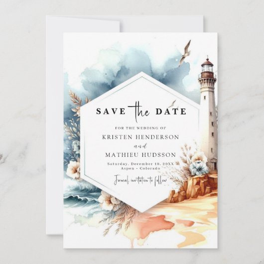 Einzigartige Hochzeit des Leuchtturms Watercolor W Save The Date (Vorderseite)