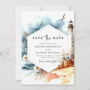 Einzigartige Hochzeit des Leuchtturms Watercolor W Save The Date