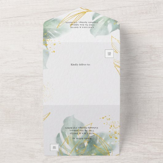 Einzigartige Hochzeitsfeiern mit Grün- und Gold-Tr All In One Einladung (Außenbereich)