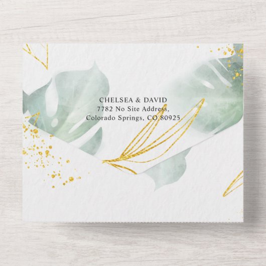 Einzigartige Hochzeitsfeiern mit Grün- und Gold-Tr All In One Einladung (Rückseite)