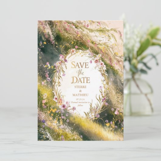 Einzigartige Joyful Wildblume Hochzeit Save The Date (Stehend Vorderseite)