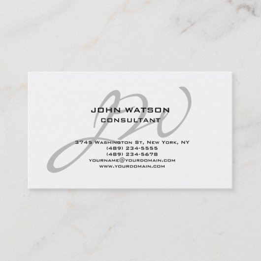 Einzigartige Kalligrafie Grau Monogramm Weiße Klas Visitenkarte (Vorderseite)