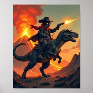 Einzigartige Katze Cowboy Reitender Dinosaurier Poster