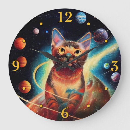 Einzigartige Katze in weltraumfarbenem Bleistiftge Große Wanduhr (Vorderseite)