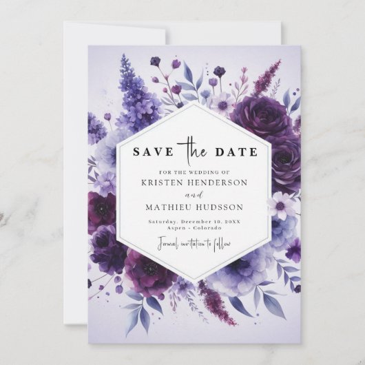 Einzigartige Lila Blumenhochzeit Save The Date (Vorderseite)