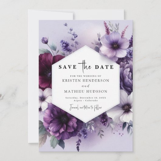 Einzigartige Lila Blumenhochzeit Save The Date (Vorderseite)