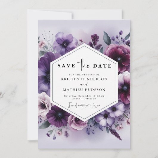 Einzigartige Lila Blumenhochzeit Save The Date (Vorderseite)