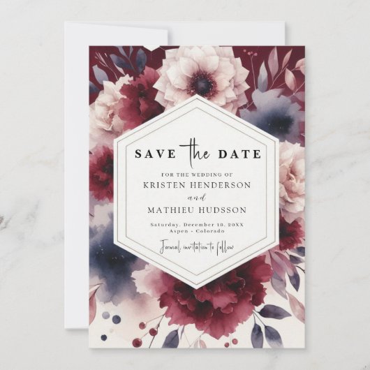 Einzigartige Minimal-Burgundy-Hochzeit Save The Date (Vorderseite)