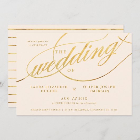 Einzigartige moderne Champagne & Gold Script Hochz Einladung (Vorne/Hinten)