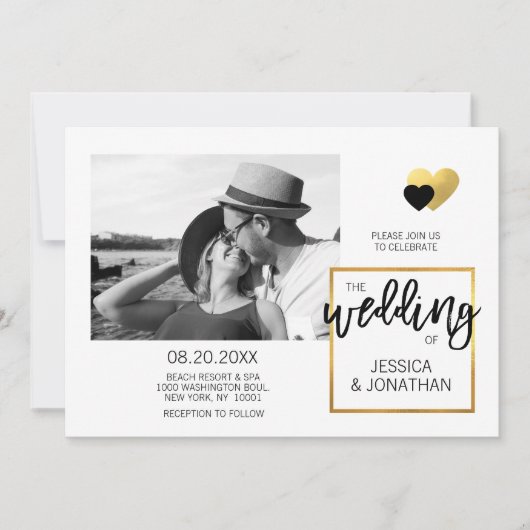 Einzigartige moderne FOTO Gold Foil White Wedding Einladung (Vorderseite)