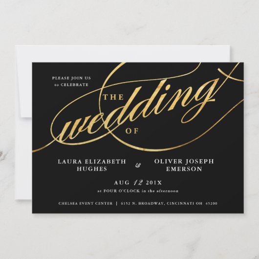 Einzigartige moderne Schwarz-Gold-Script-Hochzeit Einladung (Vorderseite)