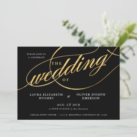 Einzigartige moderne Schwarz-Gold-Script-Hochzeit Einladung (Stehend Vorderseite)