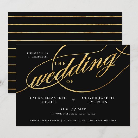 Einzigartige moderne Schwarz-Gold-Script-Hochzeit Einladung (Vorne/Hinten)