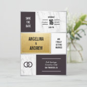Einzigartige moderne Schwarz-weiße Marmorgoldverhe Save The Date (Stehend Vorderseite)