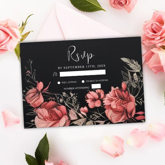 Einzigartige Moody Gothic Floral Black Wedding RSVP Karte