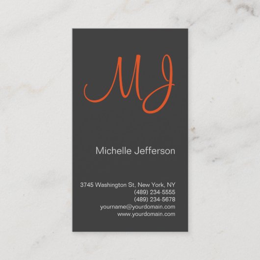 Einzigartige Orange Monogram Graue Visitenkarte (Vorderseite)
