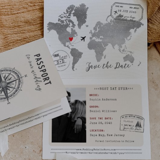 Einzigartige Passport-Save the Date-Hochzeit in Ur Ankündigung