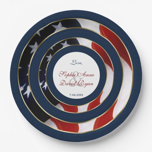 Einzigartige Patriotic Elegante USA Flag Gold Wedd Pappteller (Vorderseite)