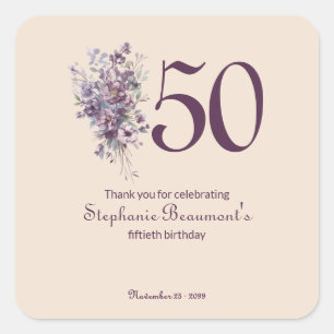 Einzigartige Pflaumen-Creme-Blumen-50. Geburtstag  Quadratischer Aufkleber
