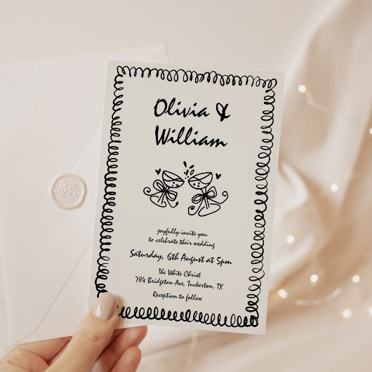 Einzigartige Quirky Hand Drawn Retro Hochzeit Einladung