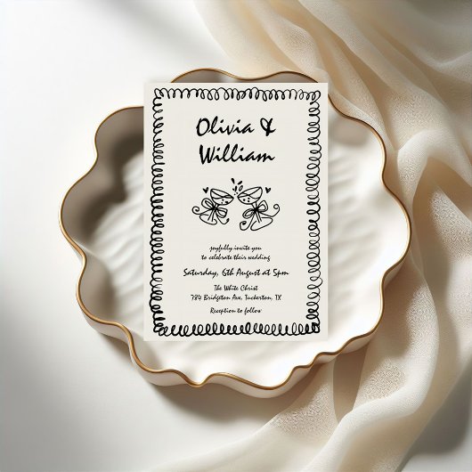 Einzigartige Quirky Hand Drawn Retro Hochzeit Einladung