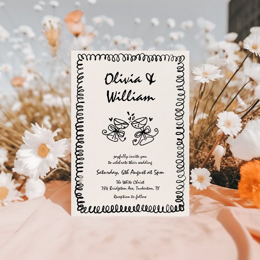 Einzigartige Quirky Hand Drawn Retro Hochzeit Einladung