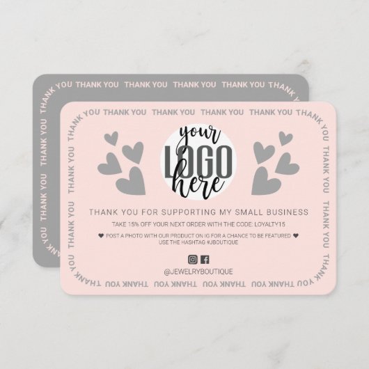 Einzigartige Rosa Border Hearts Logo Kunde Vielen  Dankeskarte (Vorne/Hinten)