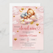 Einzigartige Rosa- und Goldbärenwolke 9 Babydusche Einladung (Vorne/Hinten)