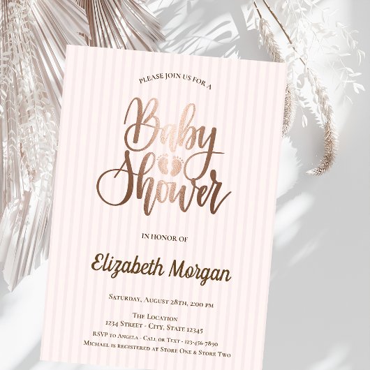 Einzigartige Rose Gold Stripte Kinderdusche Einladung