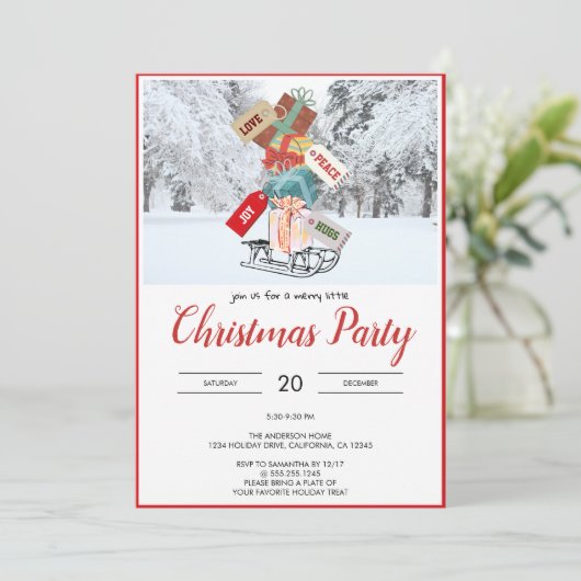 Einzigartige Rustikale Schneeschauer Weihnachtsfei Einladung (Stehend Vorderseite)