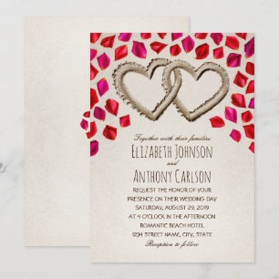 Einzigartige Sand Hearts Rose Petal Beach Hochzeit Einladung