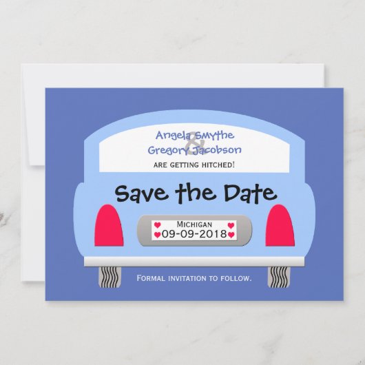 Einzigartige Save the Date Einladung — Blaues Auto (Vorderseite)