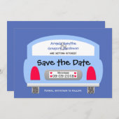 Einzigartige Save the Date Einladung — Blaues Auto (Vorne/Hinten)
