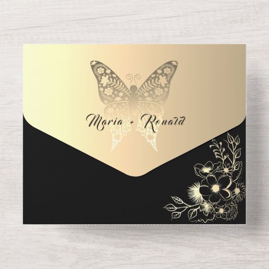 Einzigartige Schwarz-Weiß-Hochzeit All In One Einladung (Rückseite)