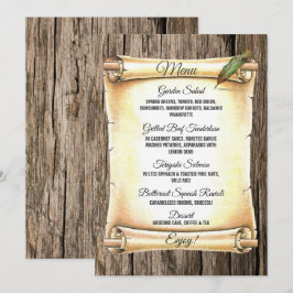 Einzigartige Scroll & Feather Pen Barnwood Wedding Menükarte