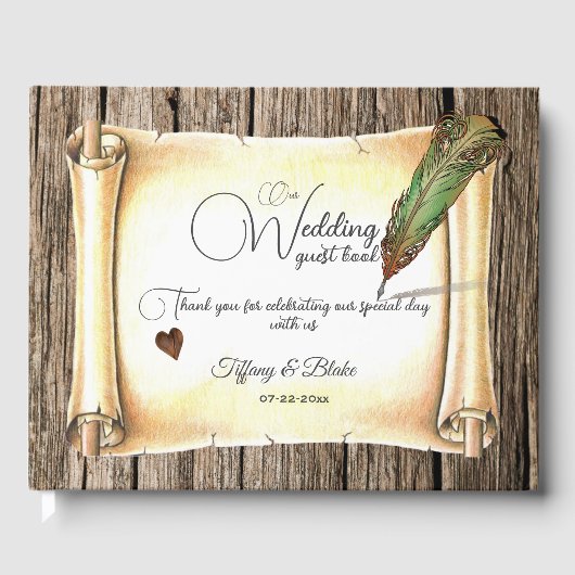 Einzigartige Scroll & Feather Pen Hochzeit Gästebuch (Vorderseite)