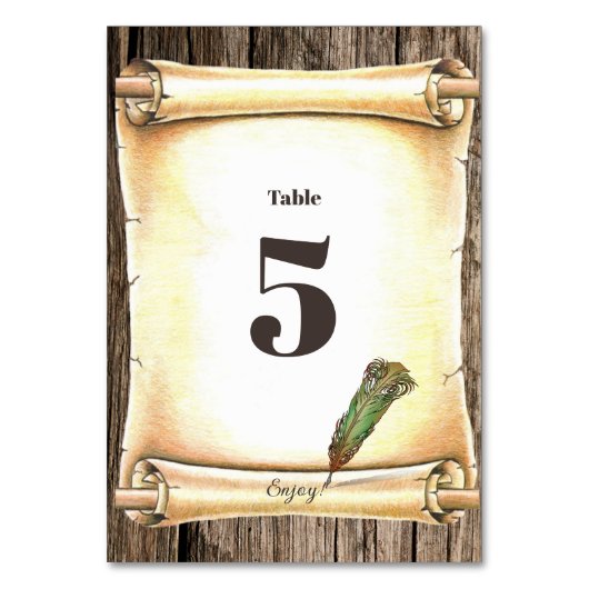 Einzigartige Scroll & Feather Pen Hochzeit Tischnummer (Vorderseite)