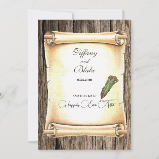 Einzigartige Scroll & Feather Pen Hochzeitseinladu Einladung (Rückseite)