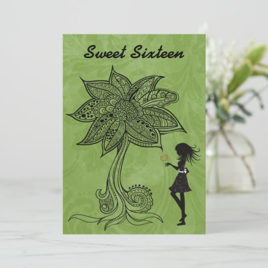 Einzigartige Silhouette Girl Blume Sweet 16 Einlad Einladung (Stehend Vorderseite)