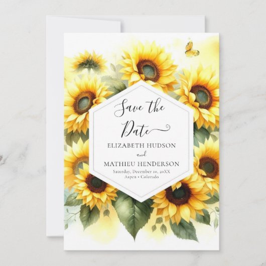 Einzigartige Sonnenblumenhochzeit Save The Date (Vorderseite)