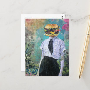 Einzigartige Surreal Cheeseburger Frau mit Pflanze Postkarte