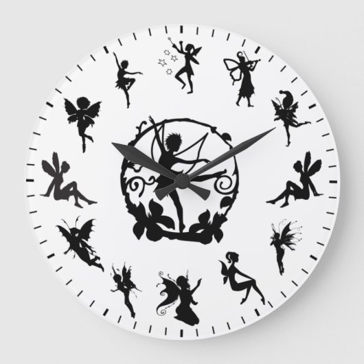 Einzigartige süße Feen-Schwarzsilhouetten-Themen Große Wanduhr (Vorderseite)