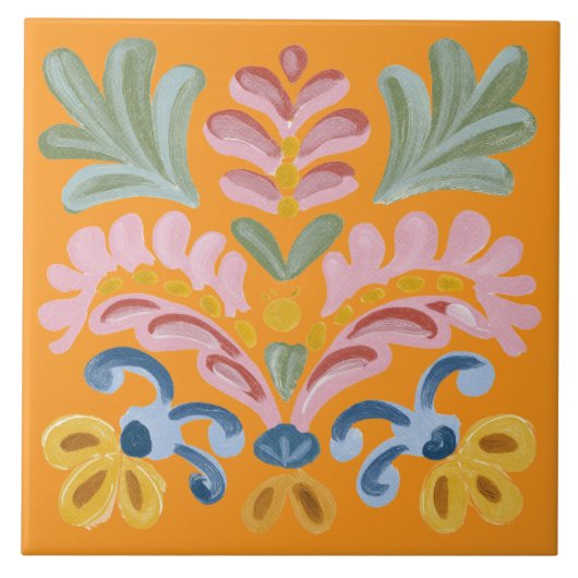 Einzigartige tropische orangefarbene Blume Fliese (Vorderseite)