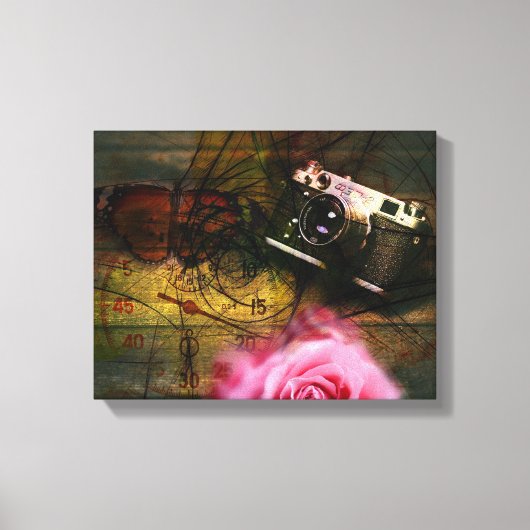 Einzigartige Vintage Kamera, Uhr und Blume Leinwanddruck (Vorderseite)