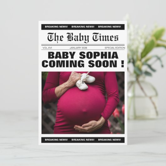 Einzigartige Vintage Zeitungs-Babydusche Einladung (Stehend Vorderseite)