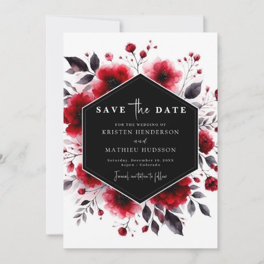 Einzigartige Wasserfarben-Blume Crimson Red Weddin Save The Date (Vorderseite)