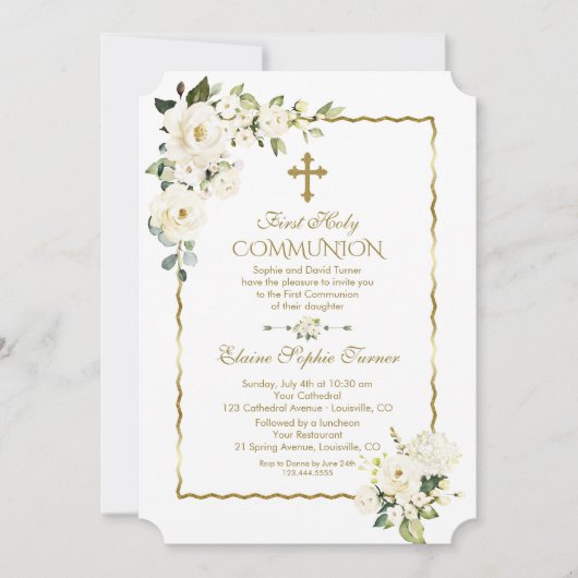 Einzigartige weiße Blume Gold Erste Heilige Kommun Einladung (Vorderseite)